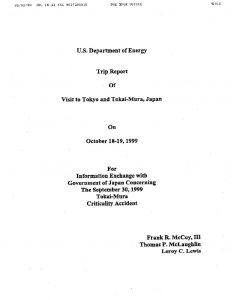 thumbnail of US DOE Trip Report Tokyo and Tokai-Mura Japan on October 18-19 1999 with Japan Concerning the September 30 1999 Tokai-Mura Criticality Accident